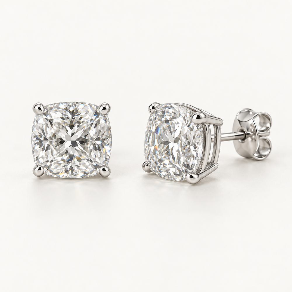 Adrienne Diamond Studs, 2 Carats Total, 14K White Gold, cushion diamonds in four-prong basket settings — AI design rendering.