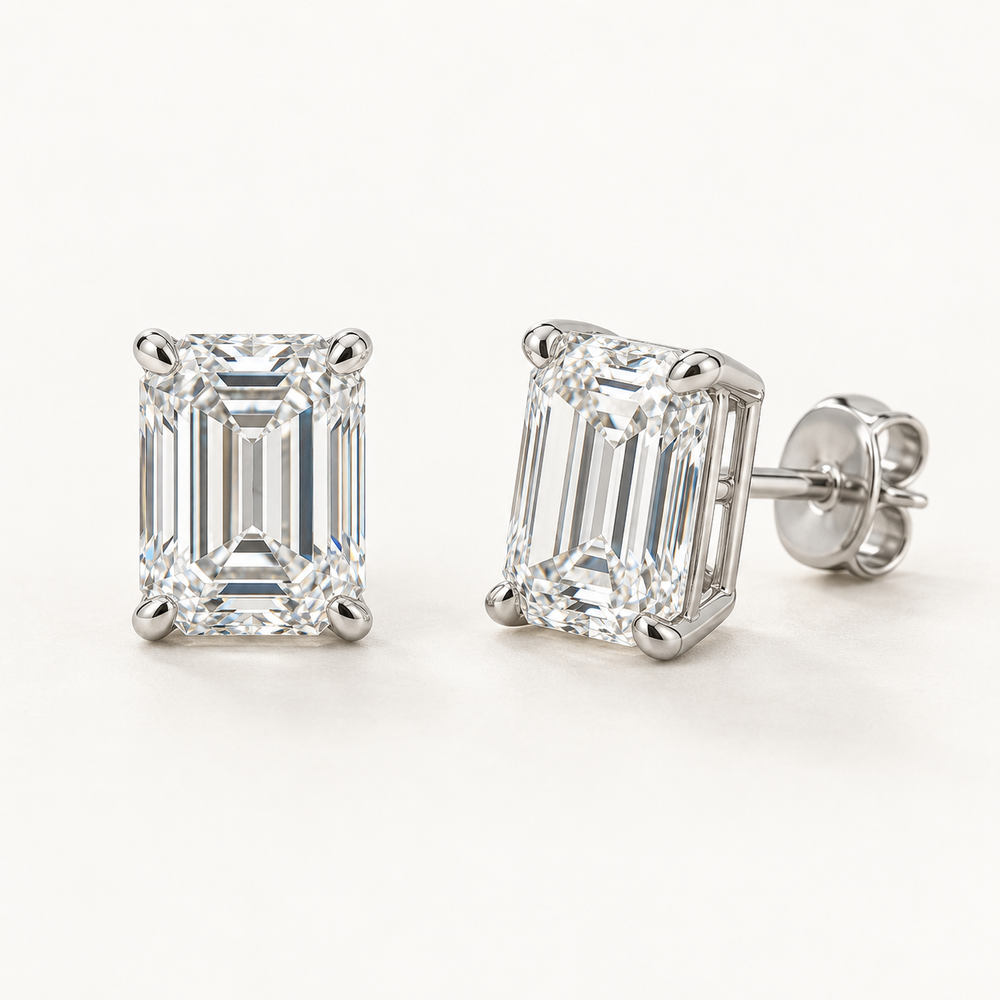 Clarielle Diamond Studs, 2 Carats Total, 14K White Gold, emerald diamonds in four-prong basket settings — AI design rendering.