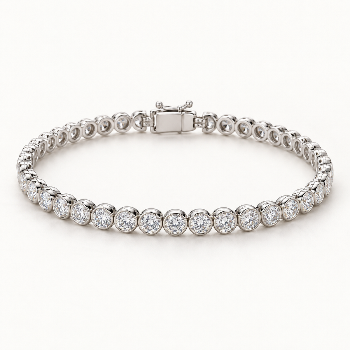 Casselle Tennis Bracelet, 5 Carats Total, 14K White Gold, round diamonds in bezel settings — AI design rendering.