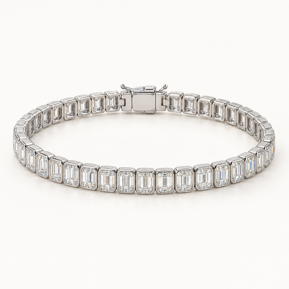 Iselle Tennis Bracelet, 5 Carats Total, 14K White Gold, emerald diamonds in bezel settings — AI design rendering.