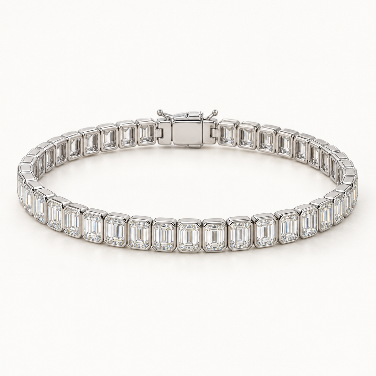 Iselle Tennis Bracelet, 5 Carats Total, 14K White Gold, emerald diamonds in bezel settings — AI design rendering.