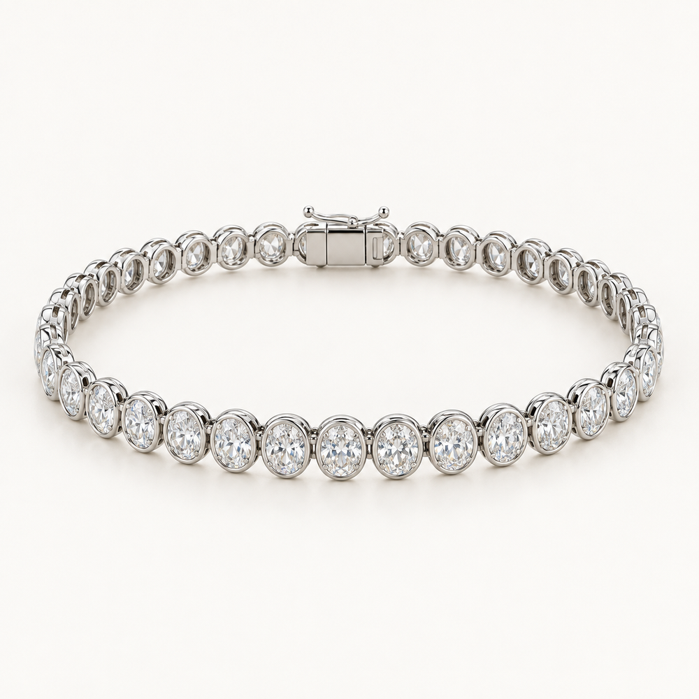 Livora Tennis Bracelet, 5 Carats Total, 14K White Gold, oval diamonds in bezel settings — AI design rendering.