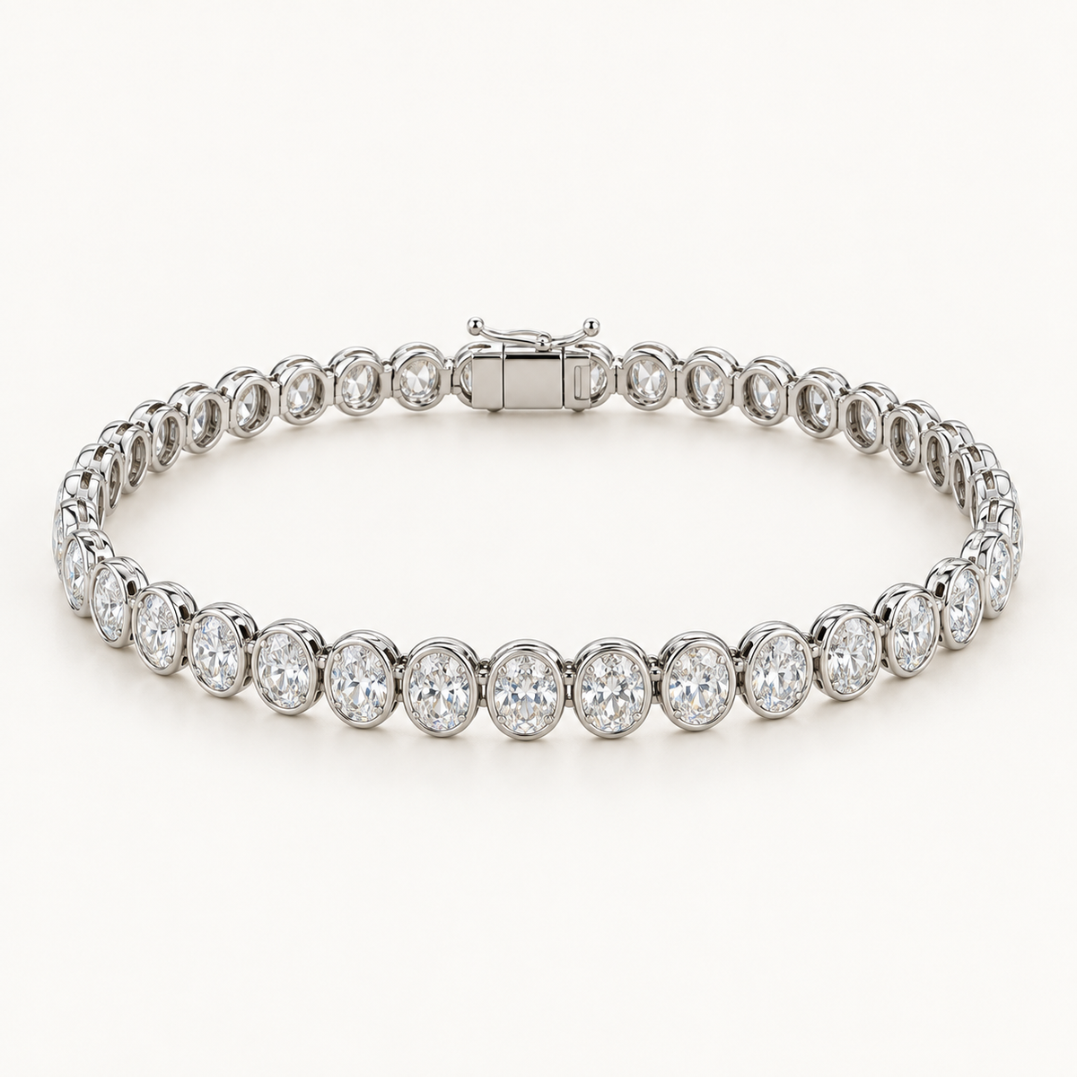 Livora Tennis Bracelet, 5 Carats Total, 14K White Gold, oval diamonds in bezel settings — AI design rendering.