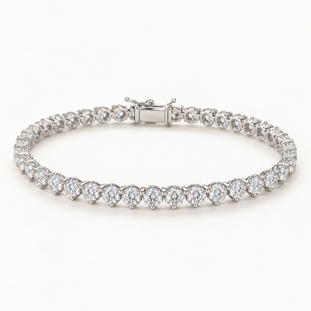 Merielle Tennis Bracelet, 5 Carats Total, 14K White Gold, round diamonds in three-prong settings — AI design rendering.
