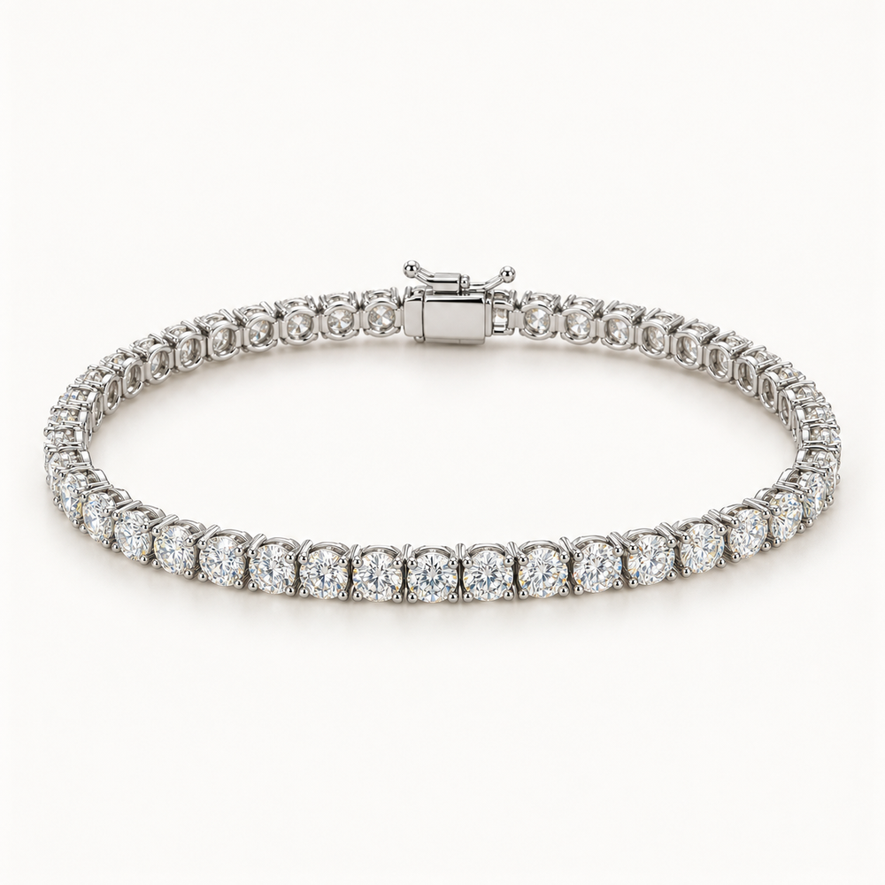 Rivelle Tennis Bracelet, 5 Carats Total, 14K White Gold, round diamonds in four-prong settings — AI design rendering.