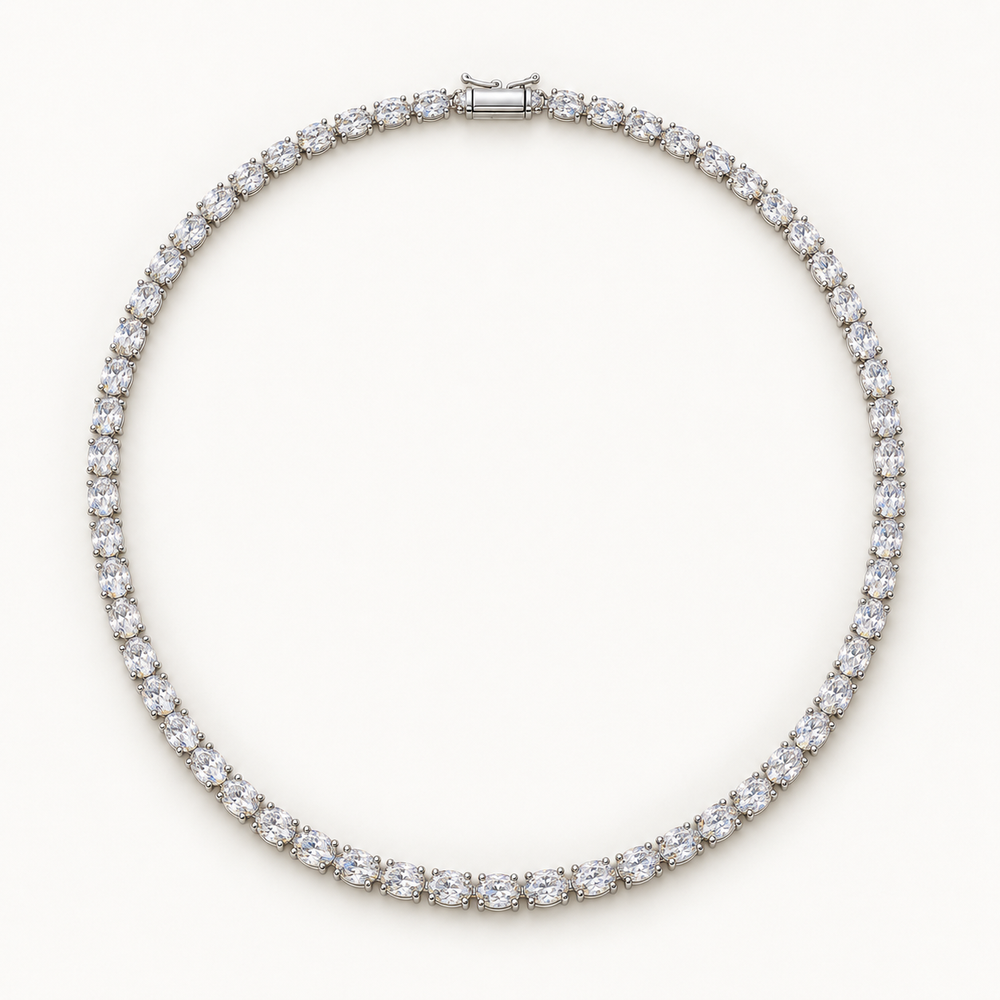 Avelise Tennis Necklace, 10 Carats Total, 14K White Gold, oval diamonds in four-prong settings — AI design rendering.
