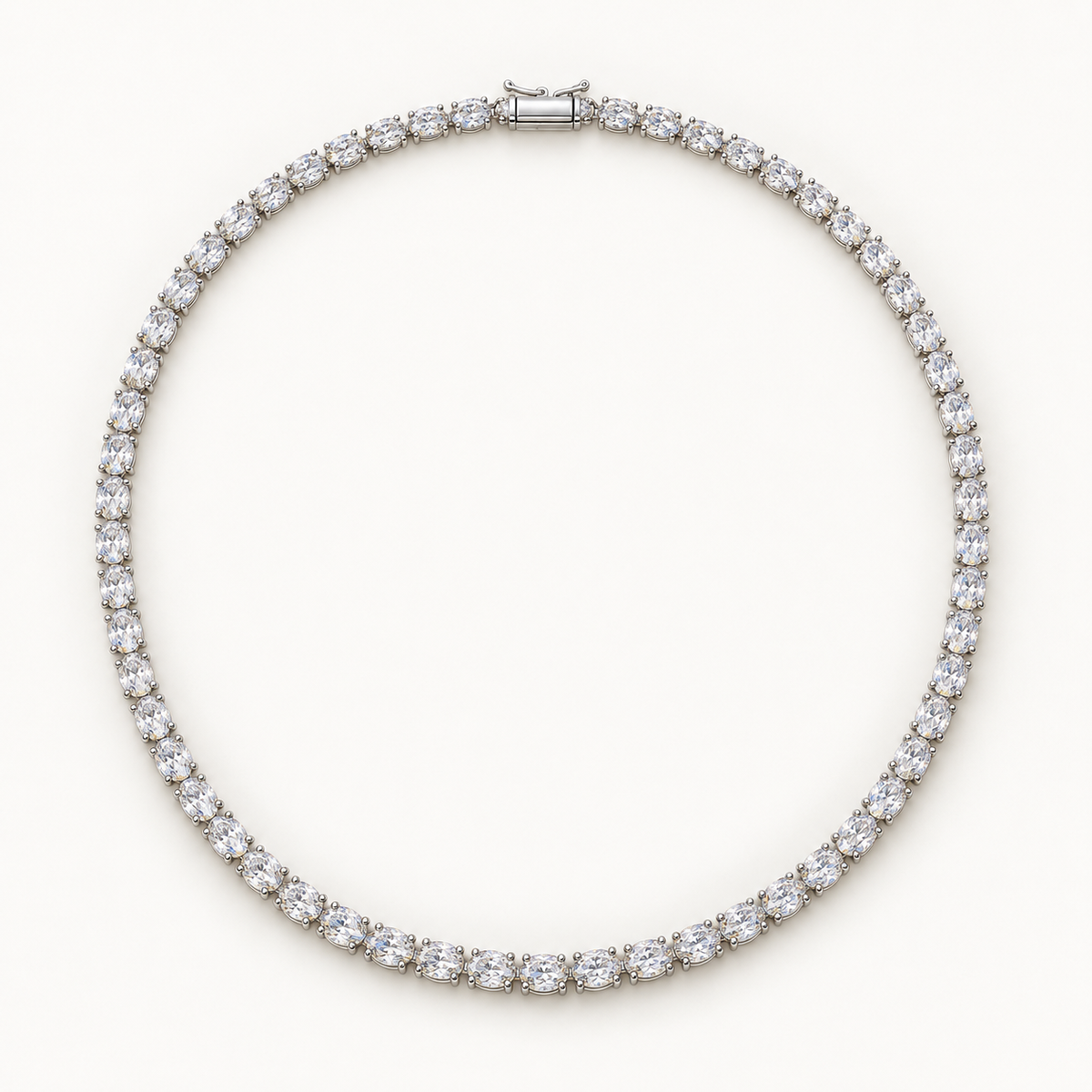 Avelise Tennis Necklace, 10 Carats Total, 14K White Gold, oval diamonds in four-prong settings — AI design rendering.