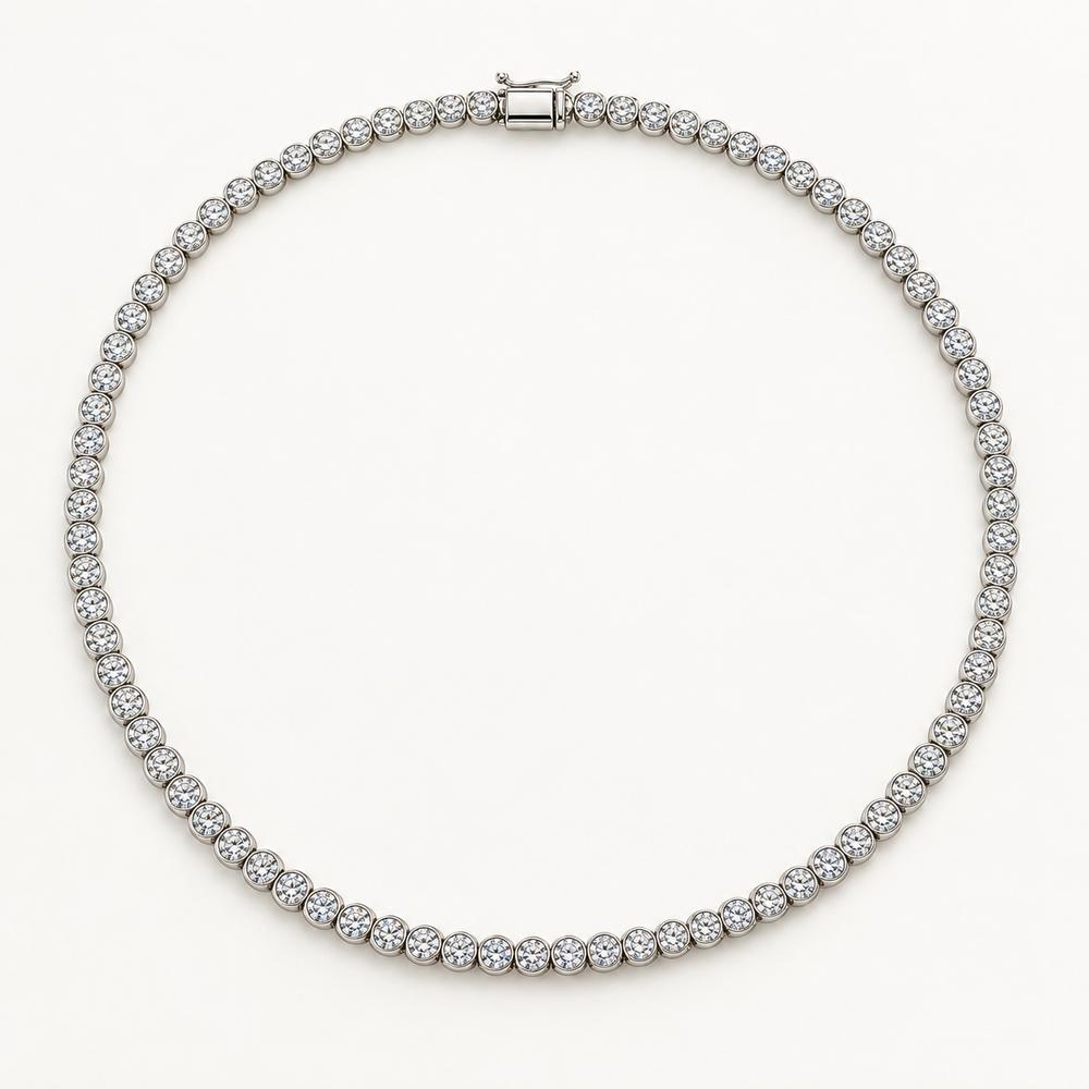 Casselle Tennis Necklace, 10 Carats Total, 14K White Gold, round diamonds in bezel settings — AI design rendering.