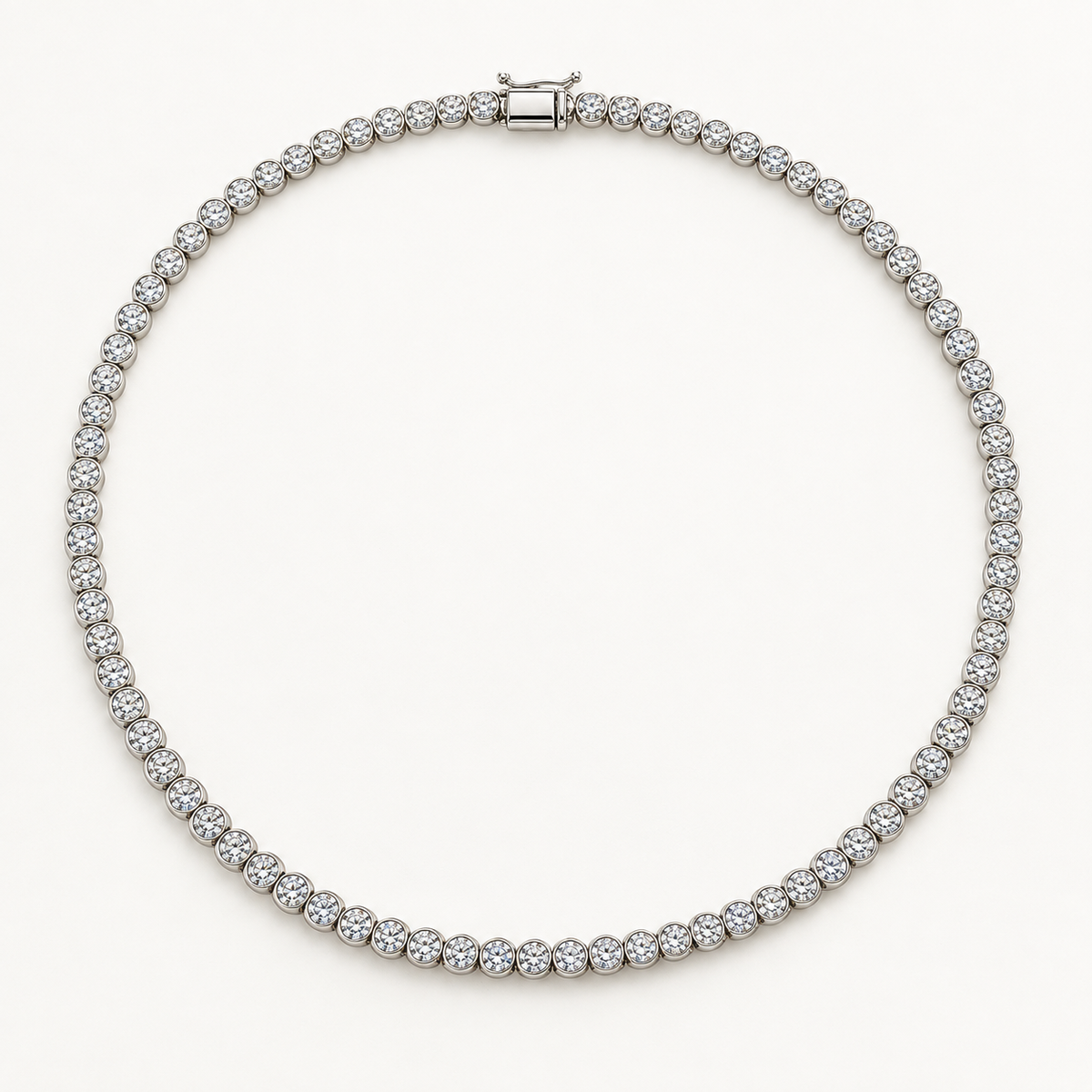 Casselle Tennis Necklace, 10 Carats Total, 14K White Gold, round diamonds in bezel settings — AI design rendering.