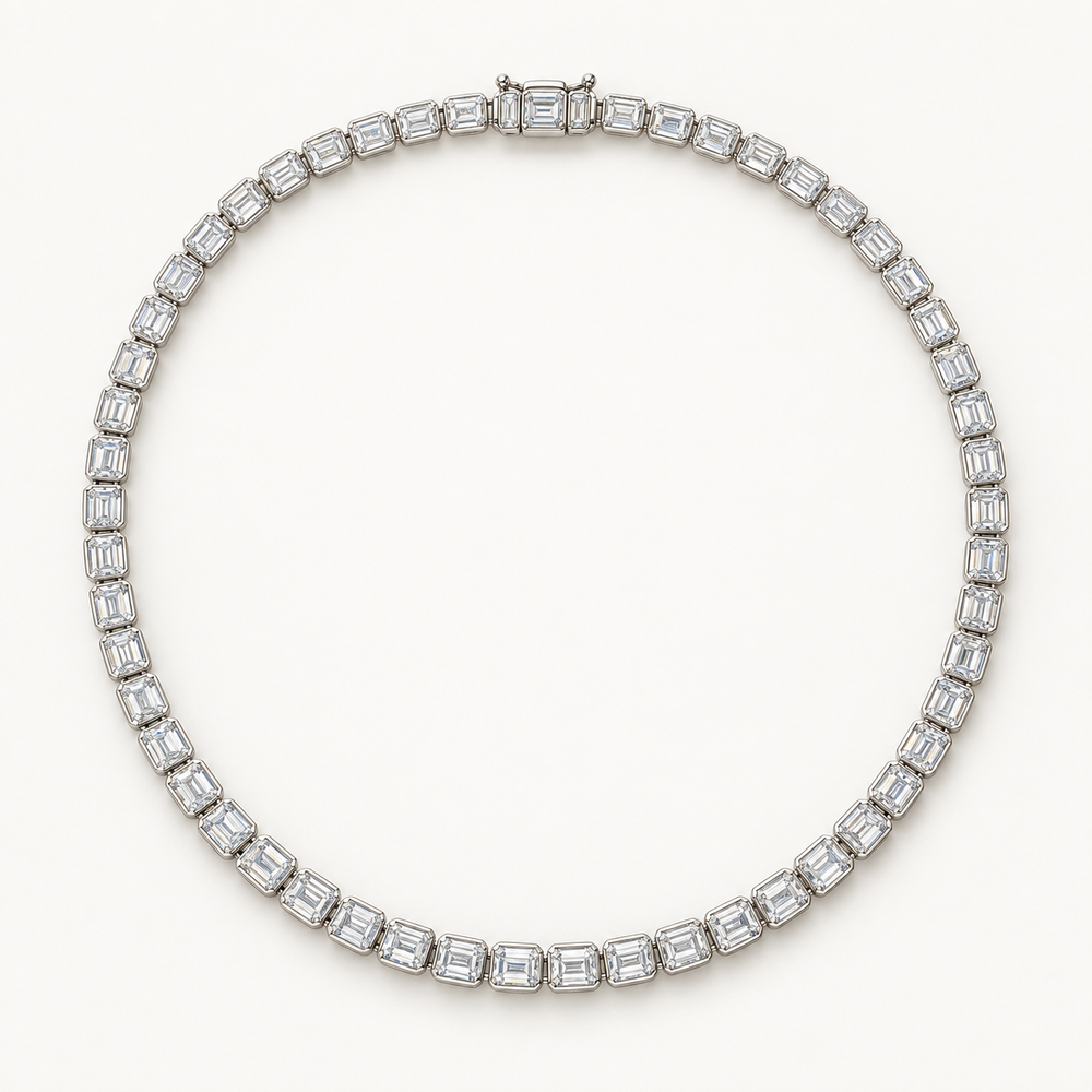 Iselle Tennis Necklace, 10 Carats Total, 14K White Gold, emerald diamonds in bezel settings — AI design rendering.
