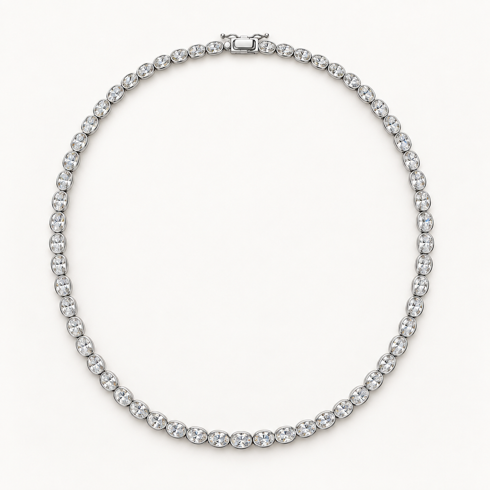 Livora Tennis Necklace, 10 Carats Total, 14K White Gold, oval diamonds in bezel settings — AI design rendering.