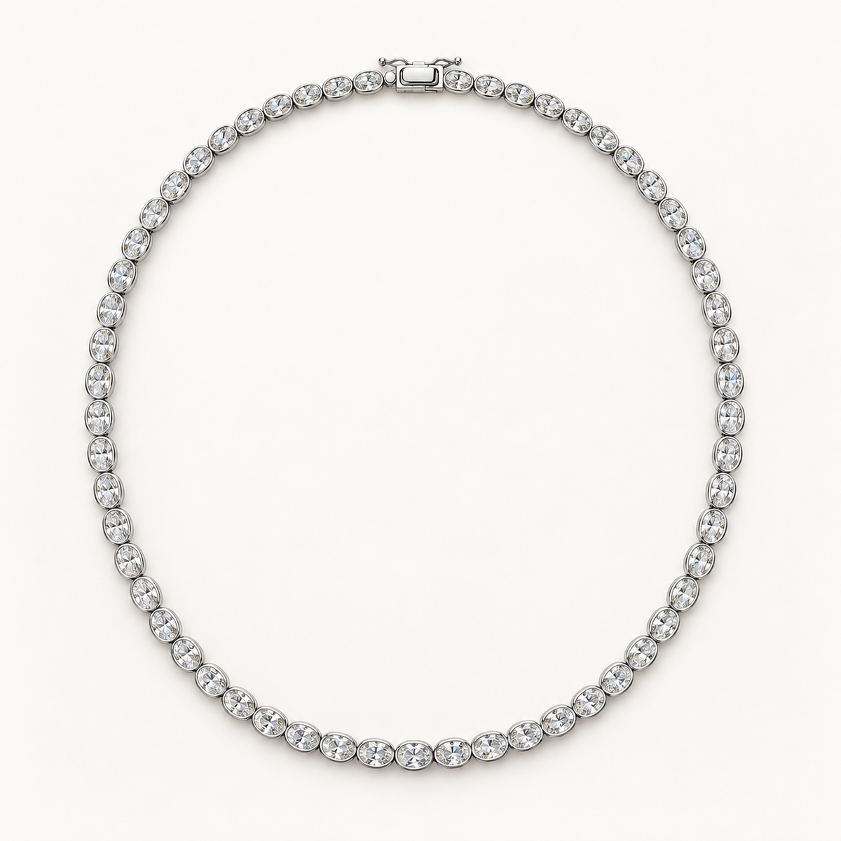 Livora Tennis Necklace, 10 Carats Total, 14K White Gold, oval diamonds in bezel settings — AI design rendering.