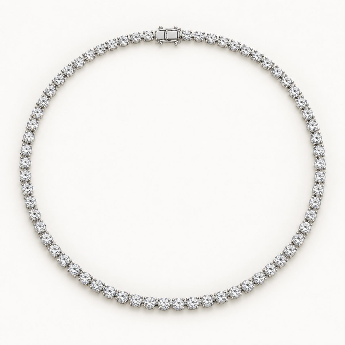 Merielle Tennis Necklace, 10 Carats Total, 14K White Gold, round diamonds in three-prong settings — AI design rendering.