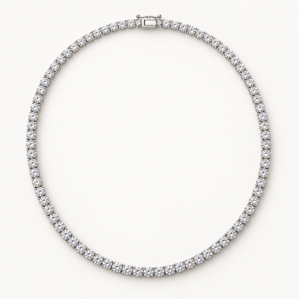 Rivelle Tennis Necklace, 10 Carats Total, 14K White Gold, round diamonds in four-prong settings — AI design rendering.