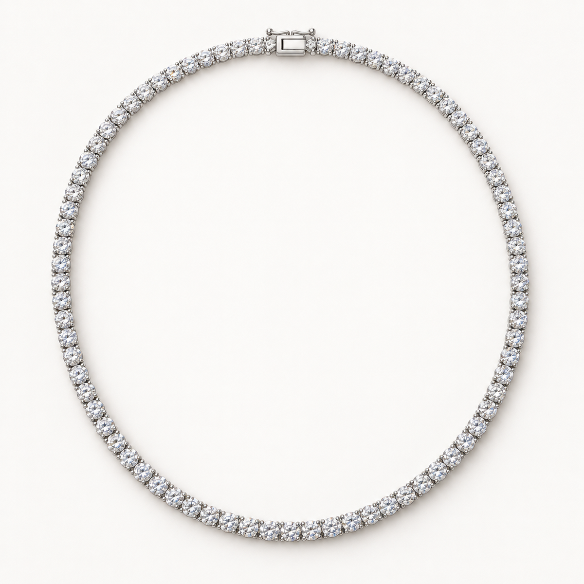 Rivelle Tennis Necklace, 10 Carats Total, 14K White Gold, round diamonds in four-prong settings — AI design rendering.