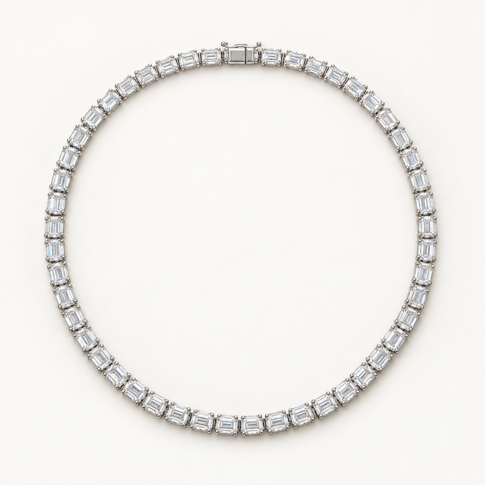Virelle Tennis Necklace, 10 Carats Total, 14K White Gold, emerald diamonds in four-prong settings — AI design rendering.