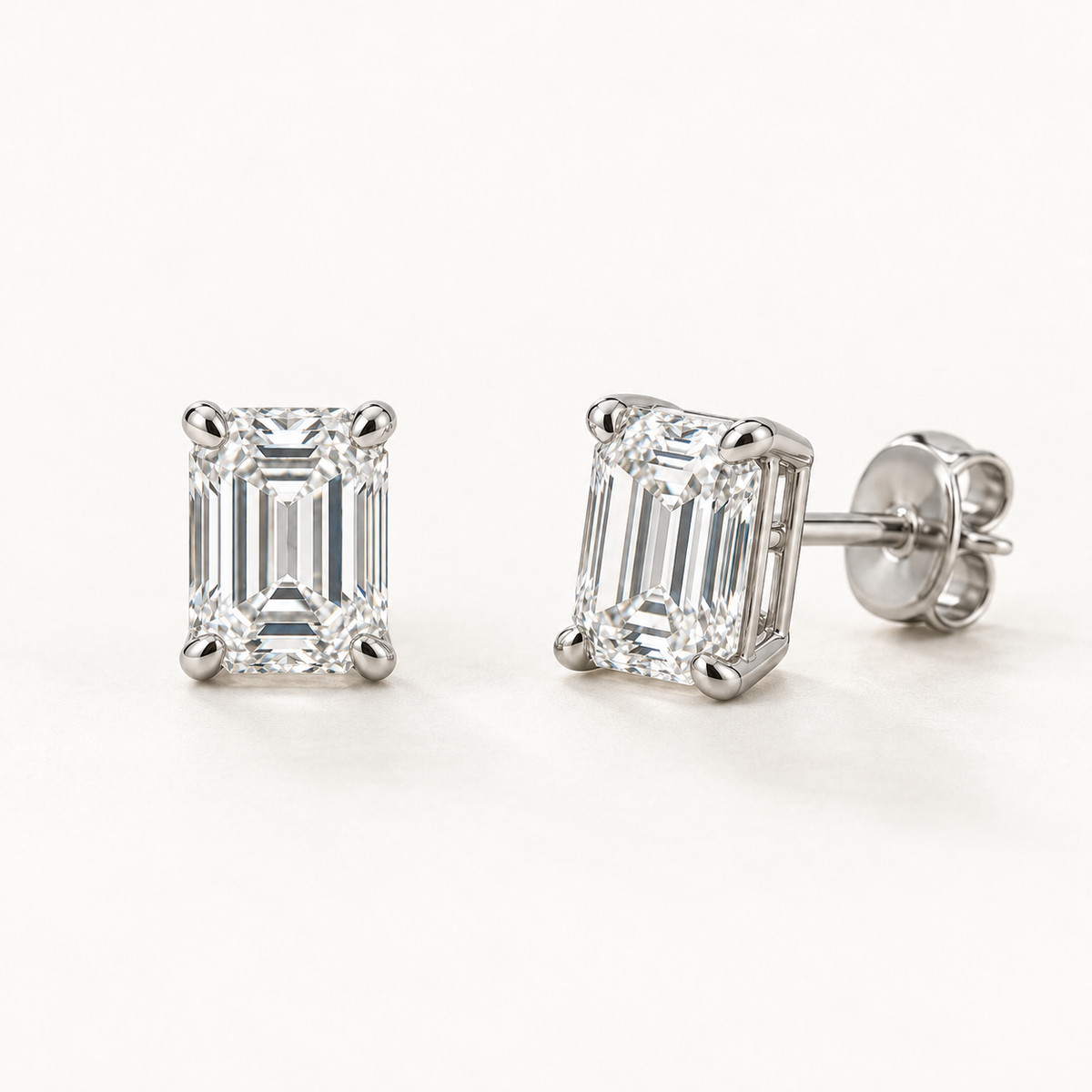 Clarielle Lab-Grown Diamond Studs — 1 Ctw Pair, 14K White Gold, Emerald Basket Setting — AI Design Rendering