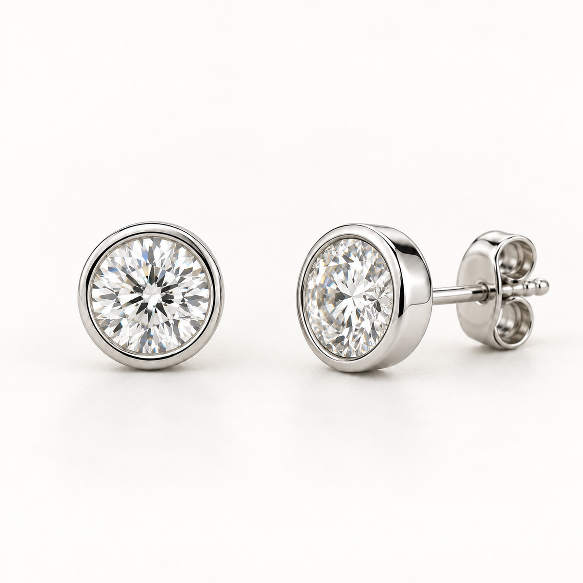 Halora Diamond Studs — 1 Ctw Pair, 14K White Gold, Round Bezel Setting — AI Design Rendering