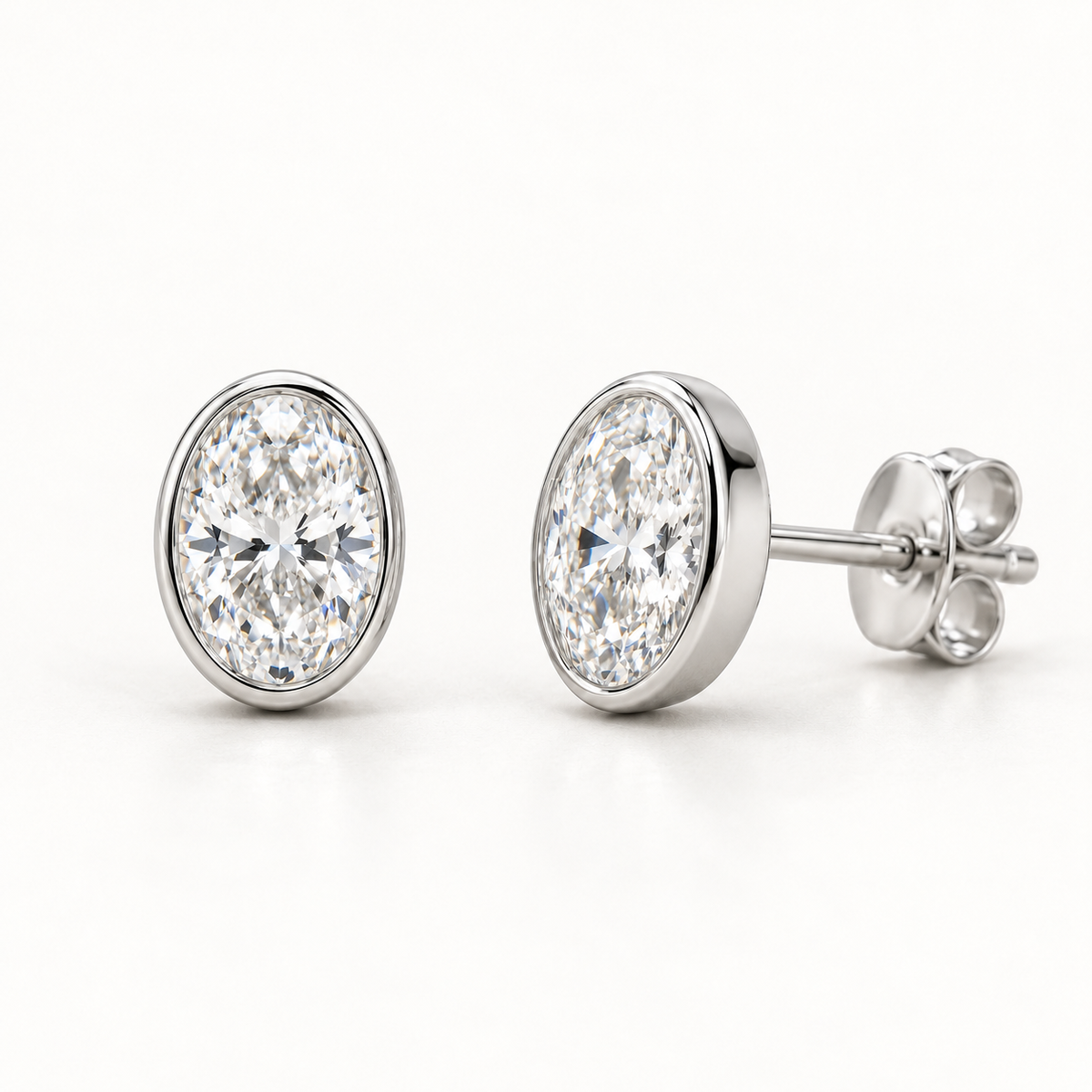 Lunelle Diamond Studs — 1 Ctw Pair, 14K White Gold, Oval Bezel Setting — AI Design Rendering