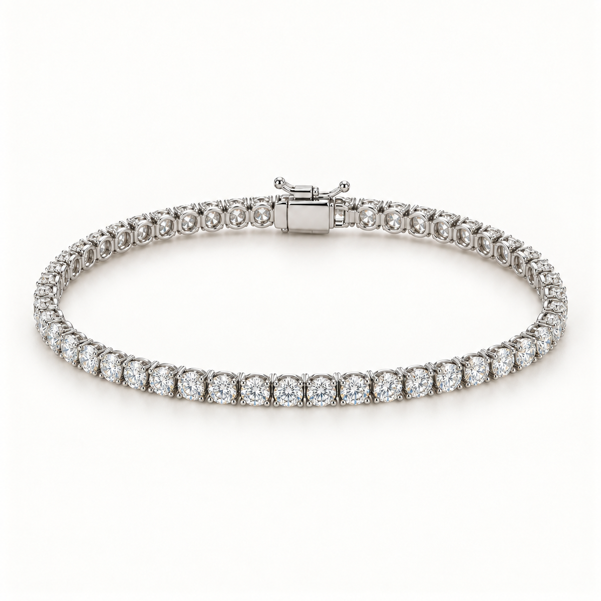 Rivelle Tennis Bracelet — 3 Ctw Total, 14K White Gold, 7-Inch Reference, Round Four-Prong Setting — AI Design Rendering